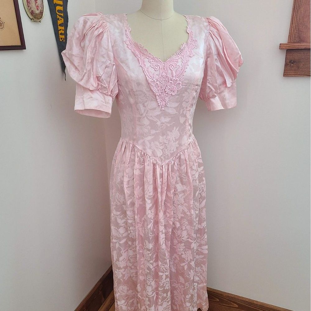Vintage Light Pink Dress Victorian Inspired 80s Prom Cap Sleeve Full Length Lace